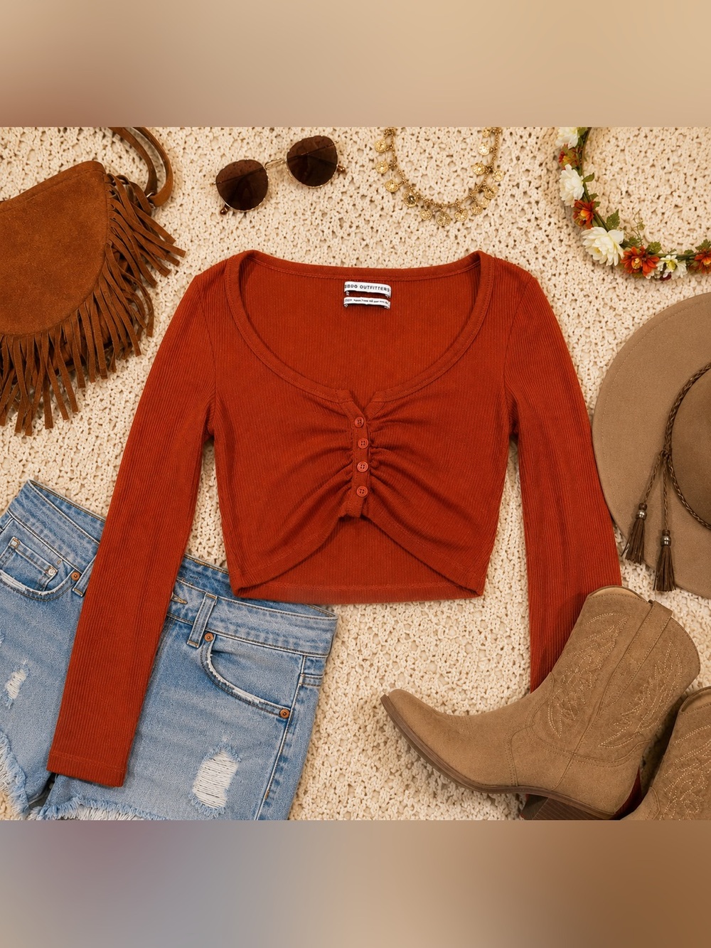 Urban Outfitters Ribbed Button Cropped Top Rust Long Sleeve XS
